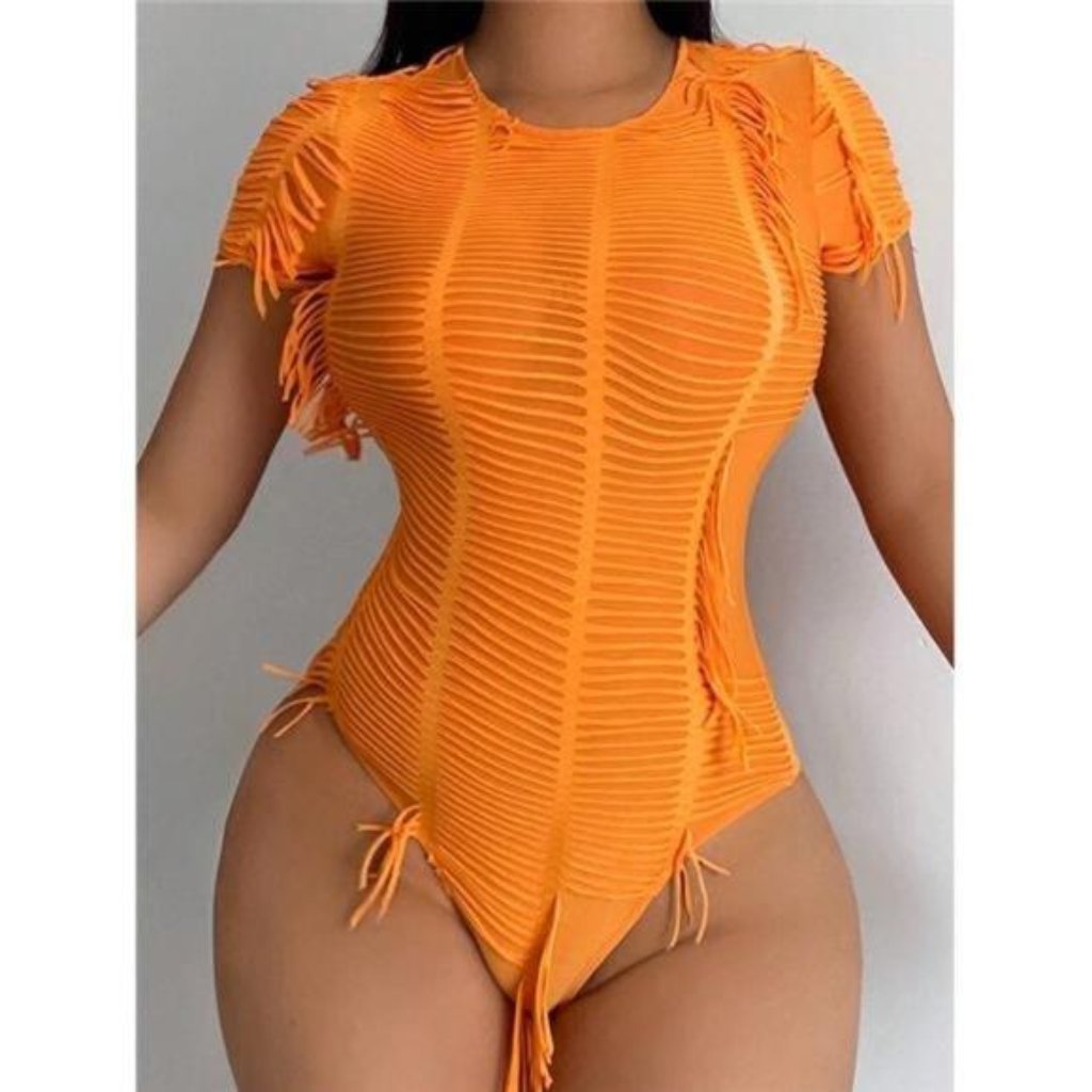 Fringe Trim Solid Bodysuit